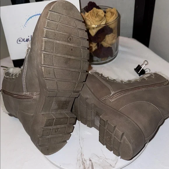 Charlotte Russe Taupe Lace-Up Faux Fur Combat Boots - Picture 7 of 9